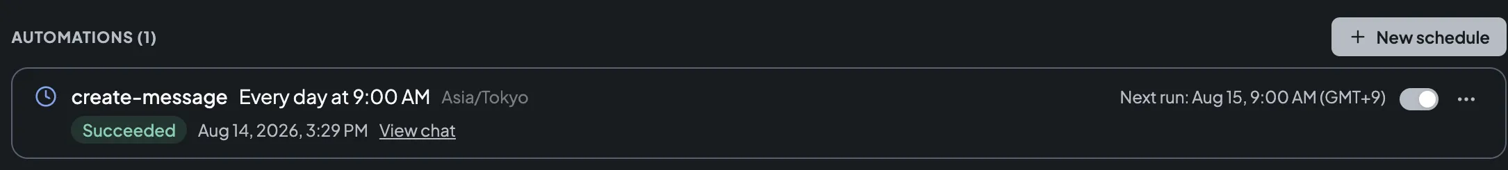 Automations section on a work folder page showing a schedule that runs an action every day at 9:00 AM in Asia/Tokyo, with its next run time, an enable switch, and a succeeded last run linking to the chat it produced