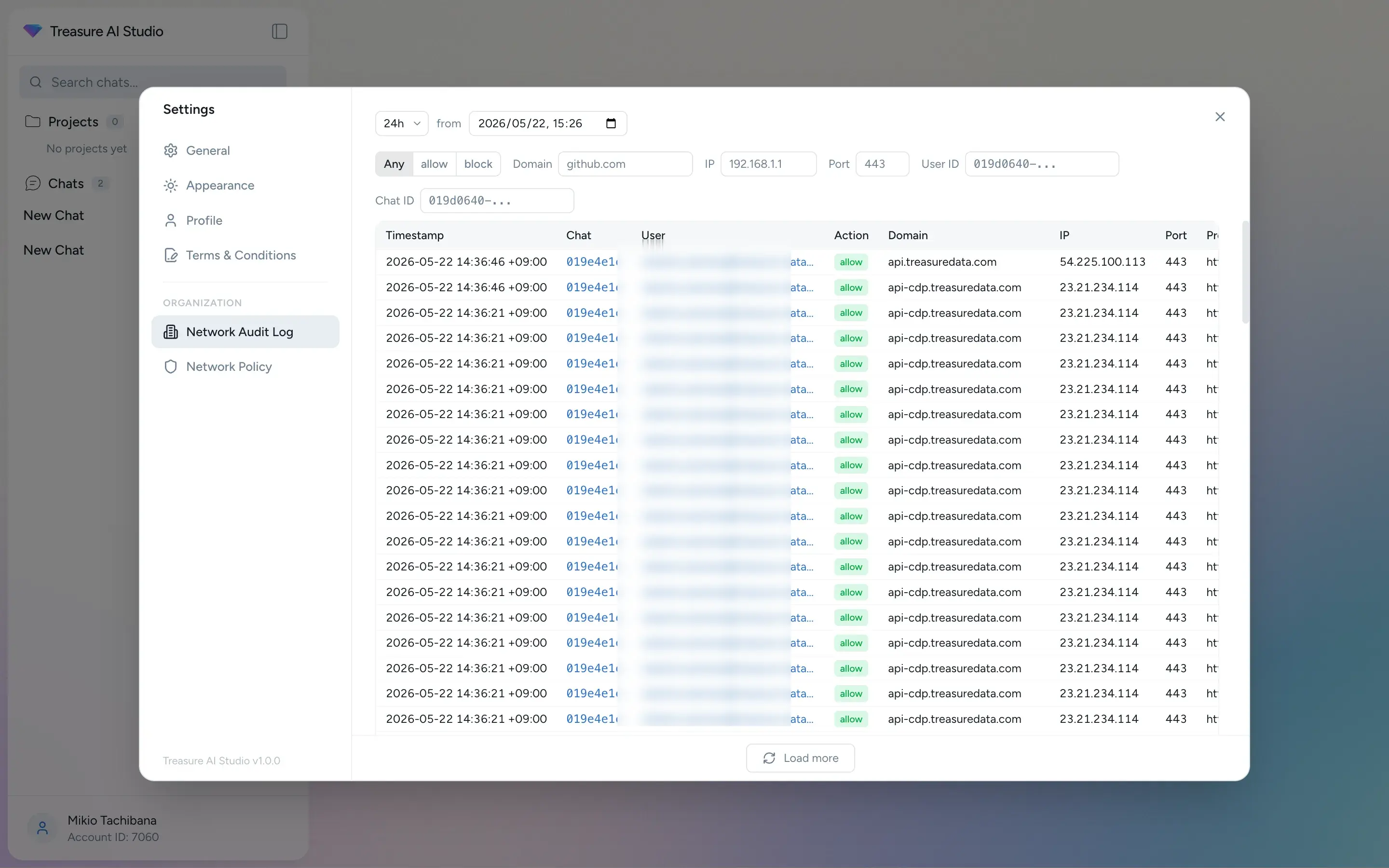 Network Audit Log showing time range selector, filter controls, and activity table