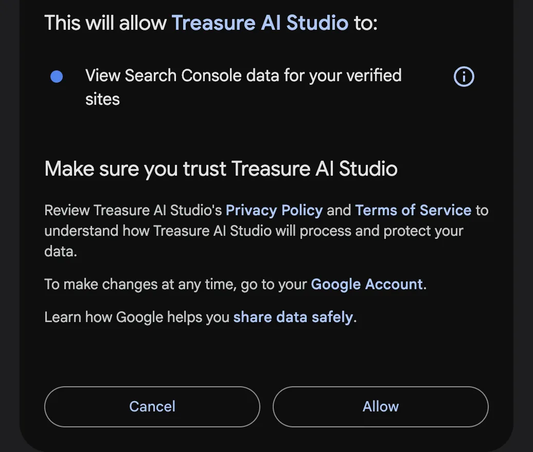 The Google permission screen listing one item, 'View Search Console data for your verified sites', with Cancel and Allow buttons