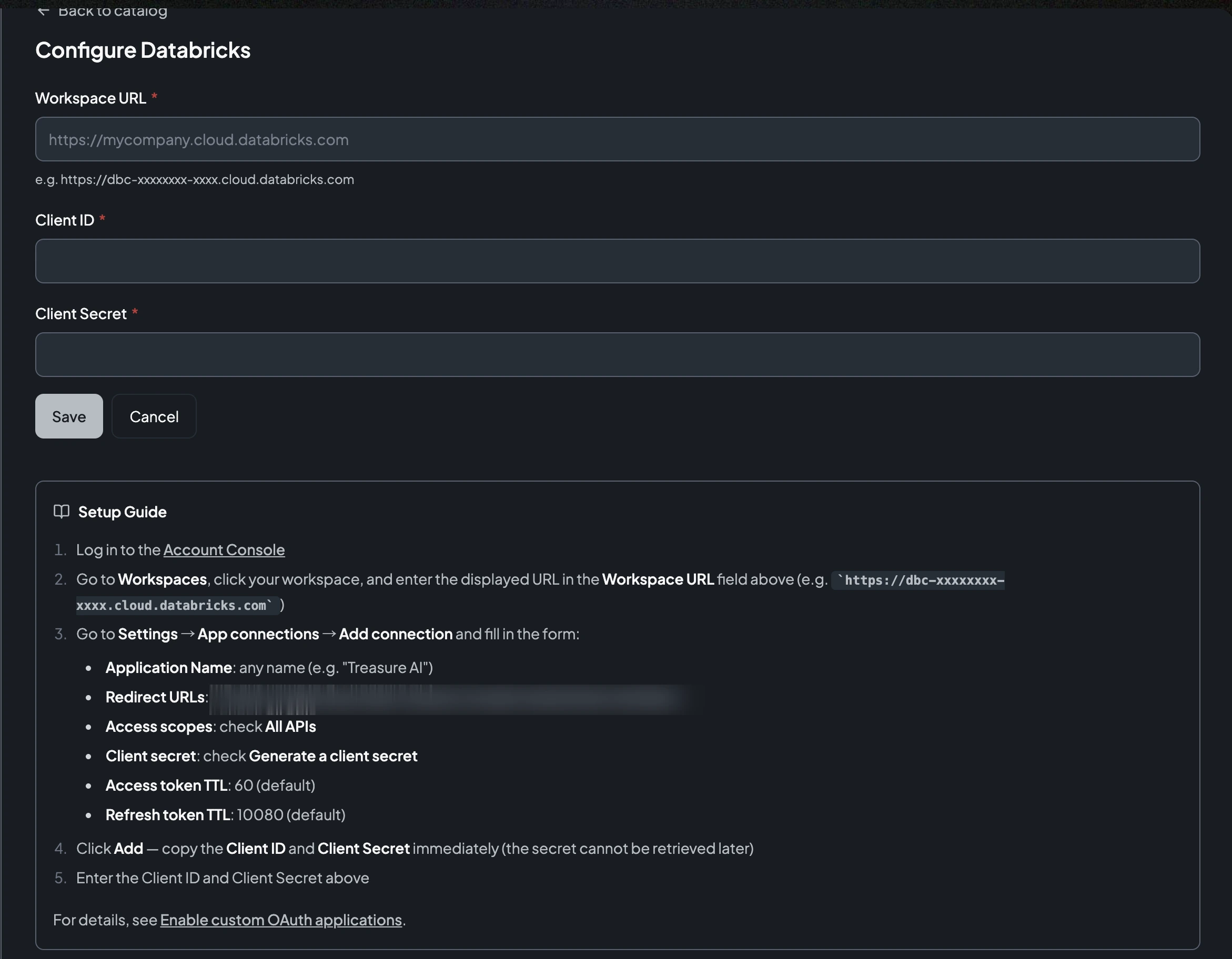 The Configure Databricks form showing Workspace URL, Client ID, and Client Secret fields with the Setup Guide panel below