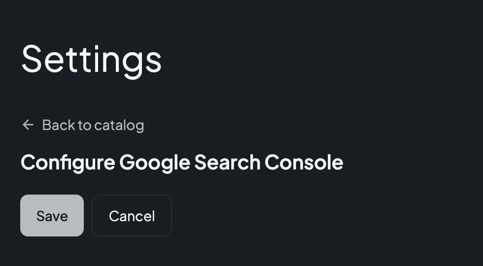 The Configure Google Search Console form in Connector Settings, with no input fields at all — only Save and Cancel buttons below the heading