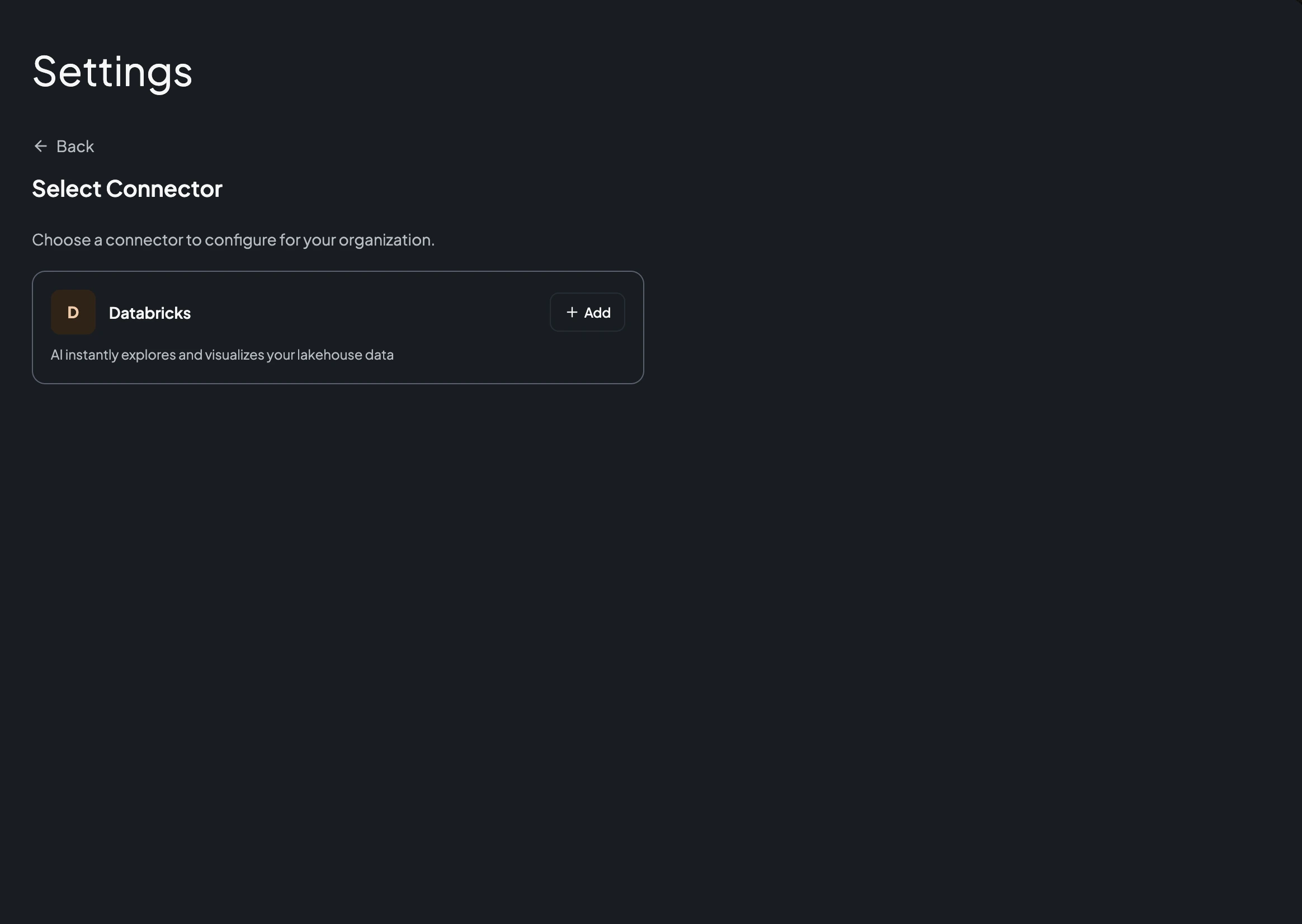 The Select Connector screen with the Databricks connector and an Add button