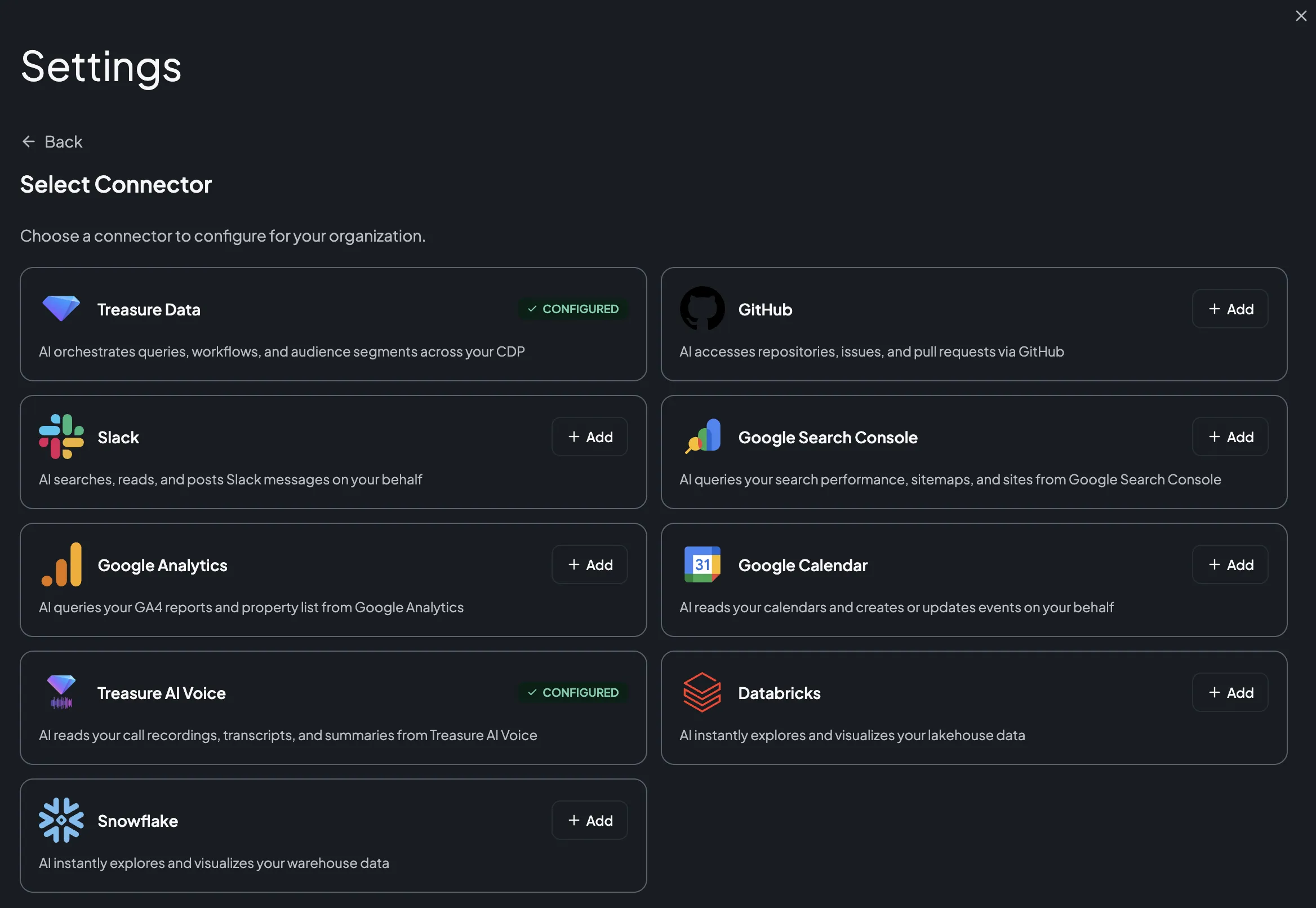 The Select Connector catalog in Connector Settings, with Google Search Console, Google Analytics, and Google Calendar each offering an Add button alongside GitHub, Slack, Databricks, Snowflake, and the already-configured Treasure Data and Treasure AI Voice