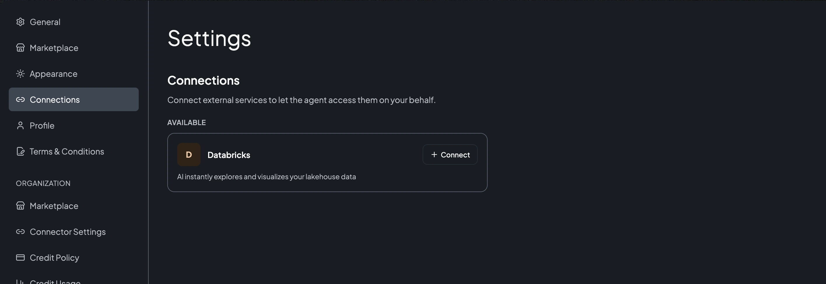AI Studio Connections page showing Databricks available to connect