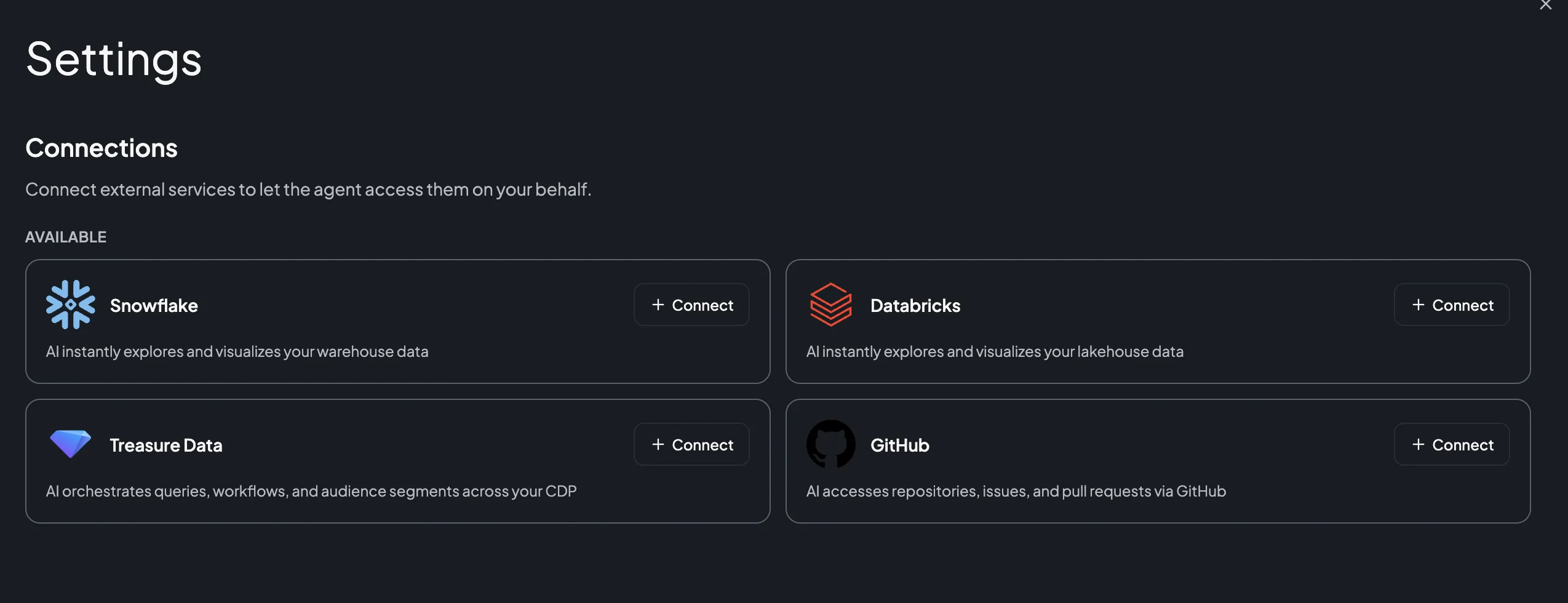 AI Studio Connections page showing GitHub available to connect, alongside Snowflake, Databricks, and Treasure Data