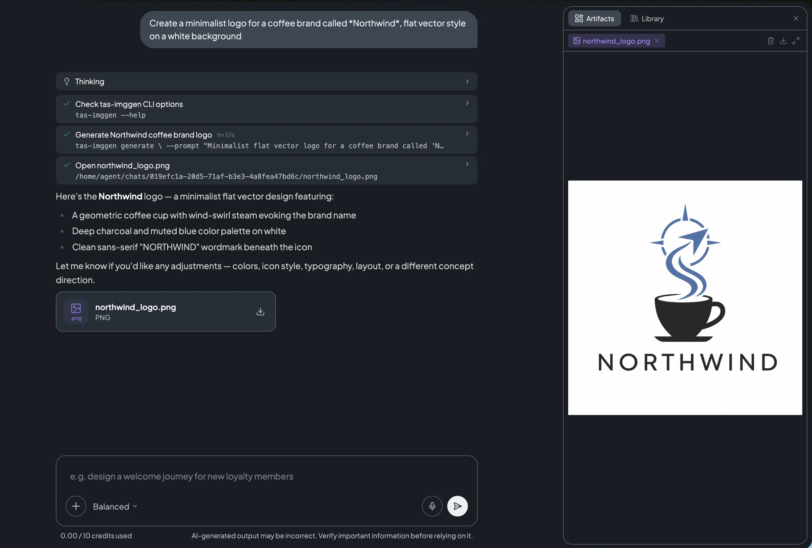 Treasure AI Studio chat: a natural-language request to create a minimalist Northwind coffee-brand logo, the AI running tas-imggen --help and tas-imggen generate via tool calls, and the generated logo shown in the Artifacts panel