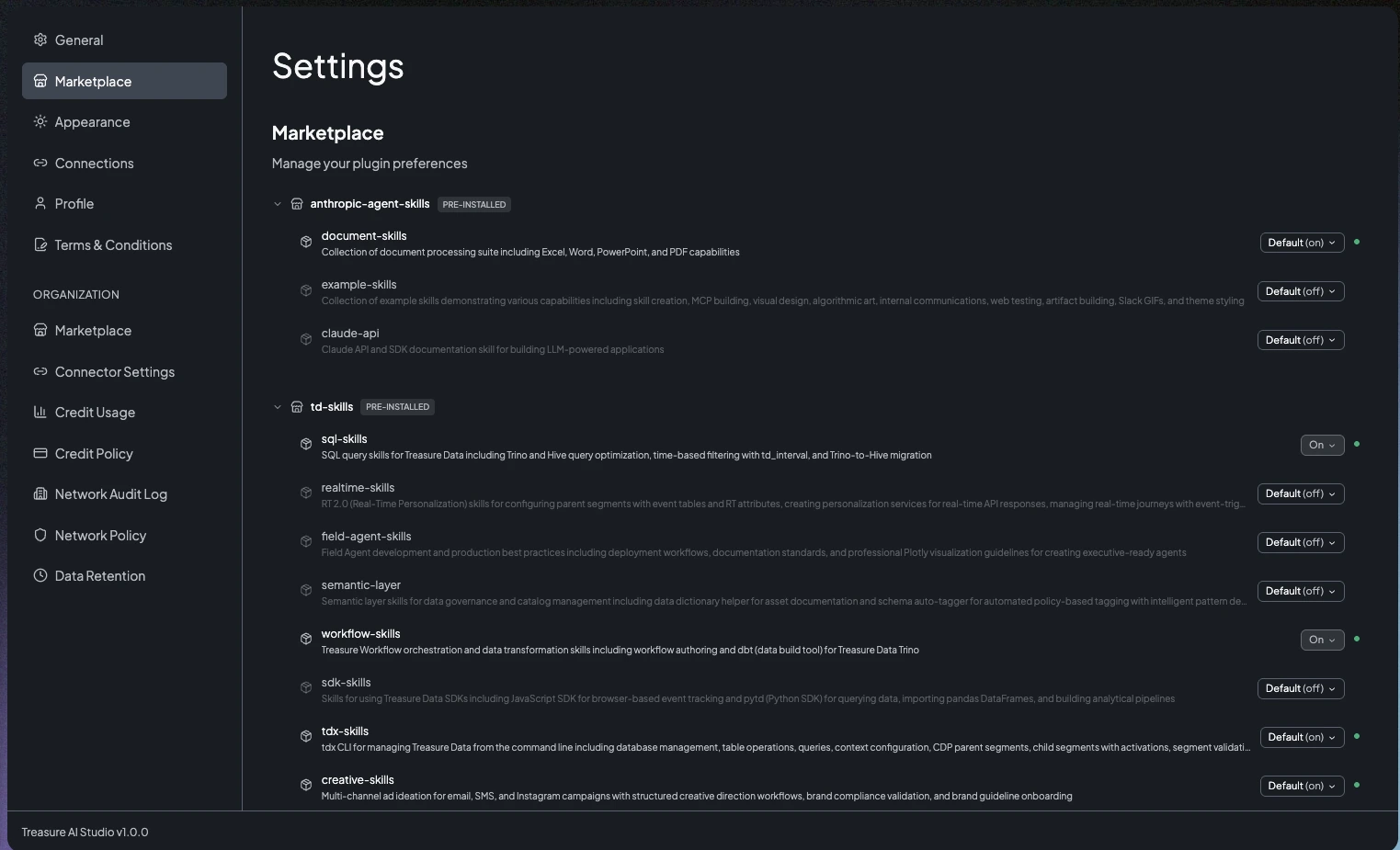 AI Studio Settings panel showing the Plugin Marketplace with registered marketplaces expanded and per-plugin controls