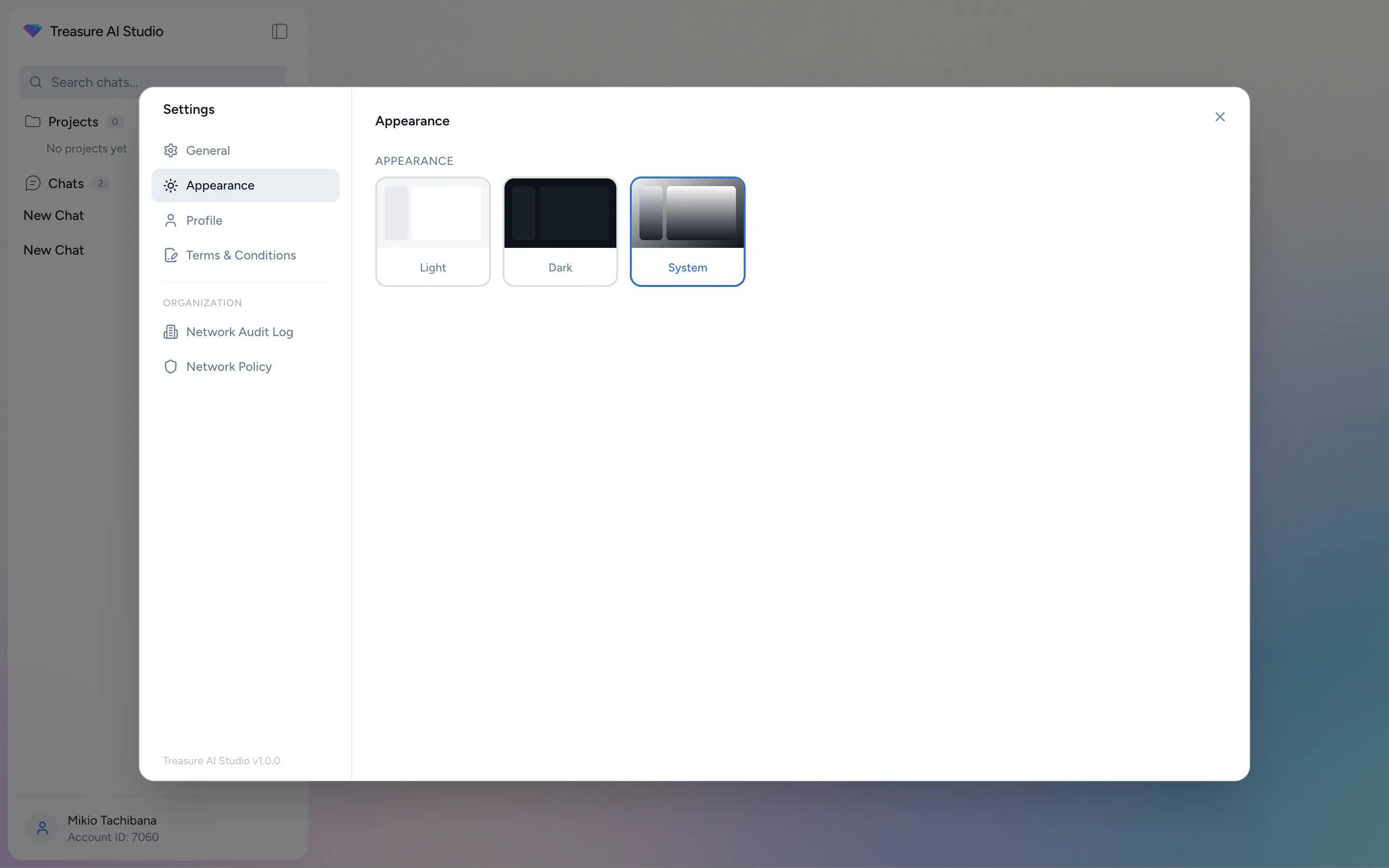 Settings panel showing Appearance tab with Light, Dark, and System theme options