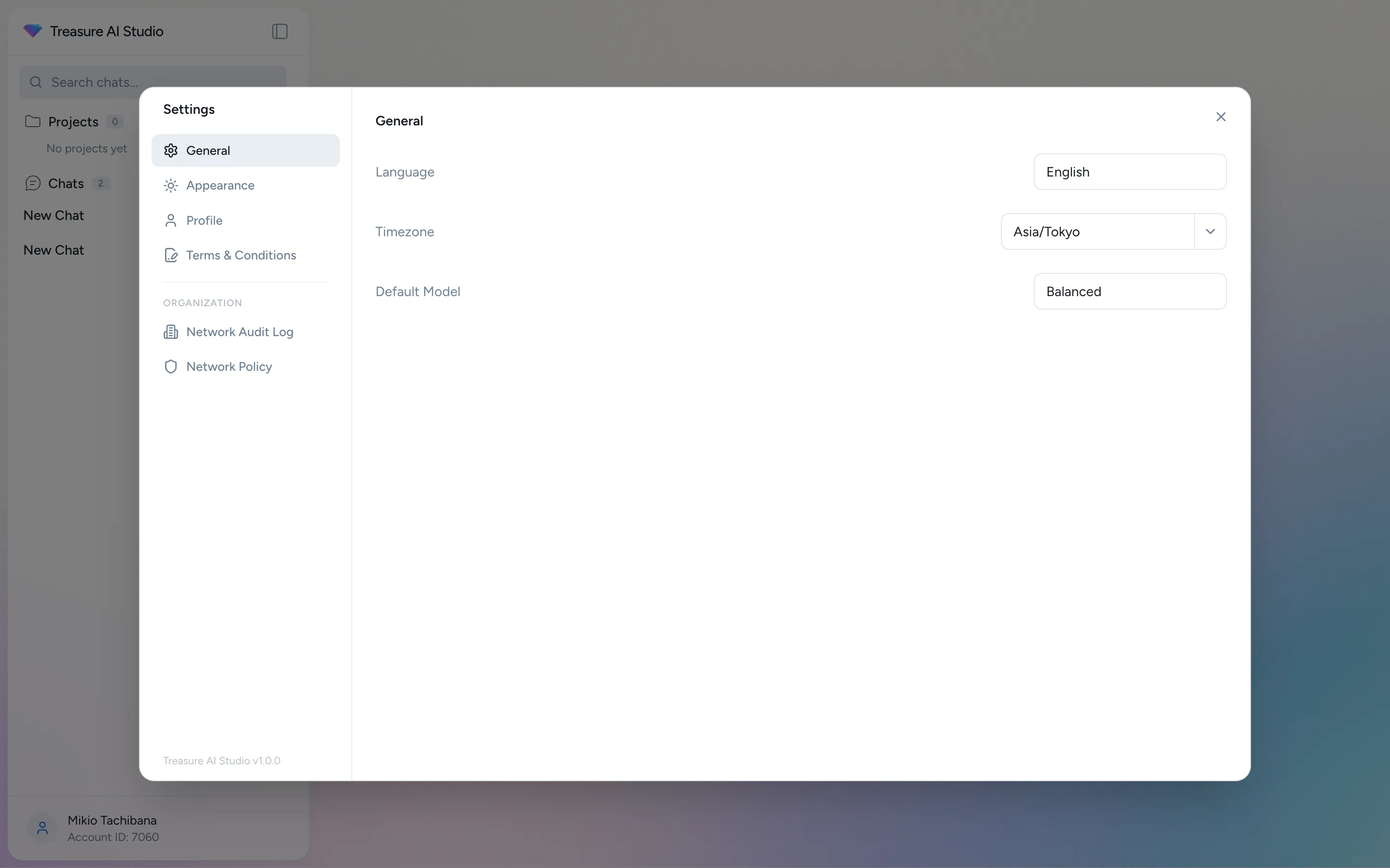 Settings panel showing General tab with Language, Timezone, and Default Model options