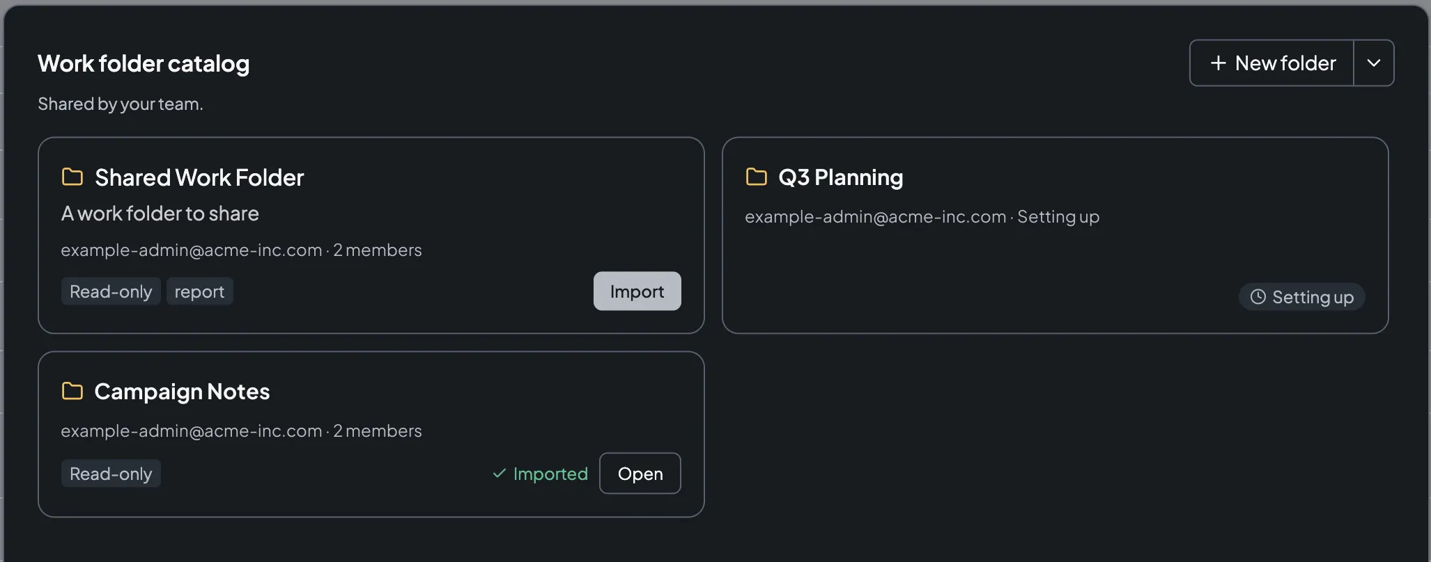 Work folder catalog listing three shared work folders as cards with their manager and state: one with work mode chips and an Import button, one tagged Setting up, and one marked Imported with an Open button