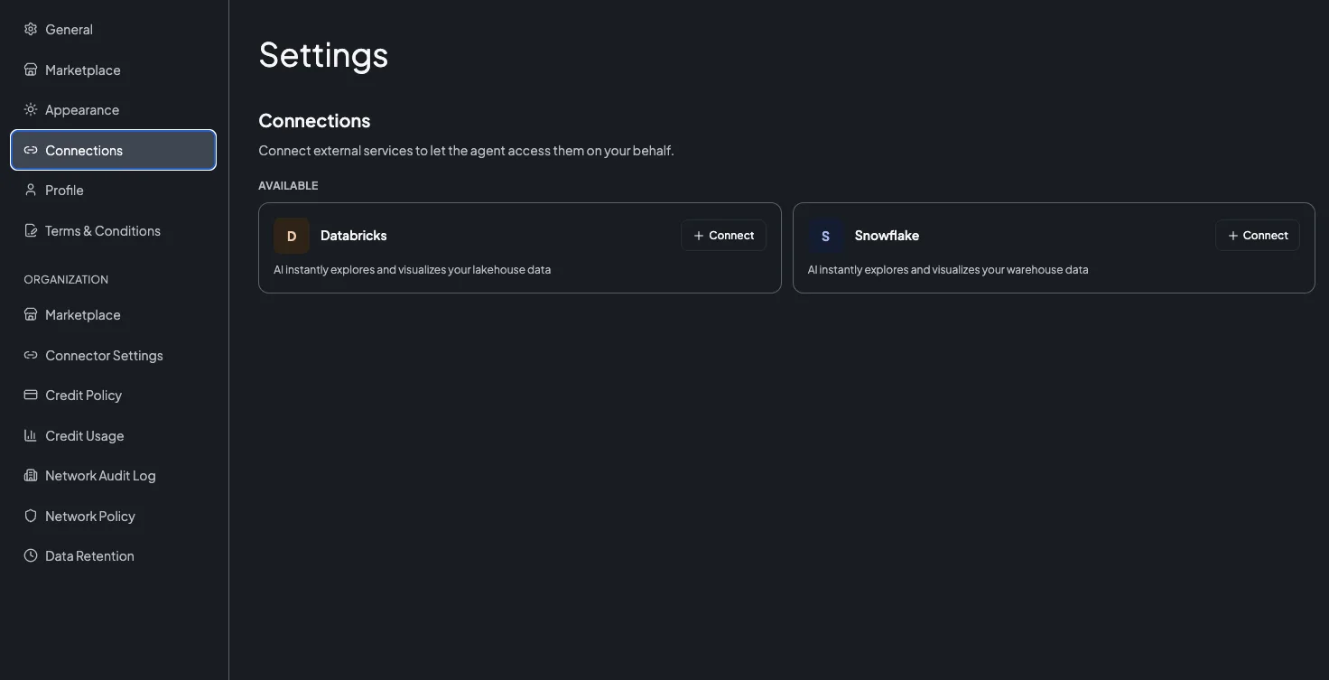 AI Studio Connections page showing Snowflake available to connect