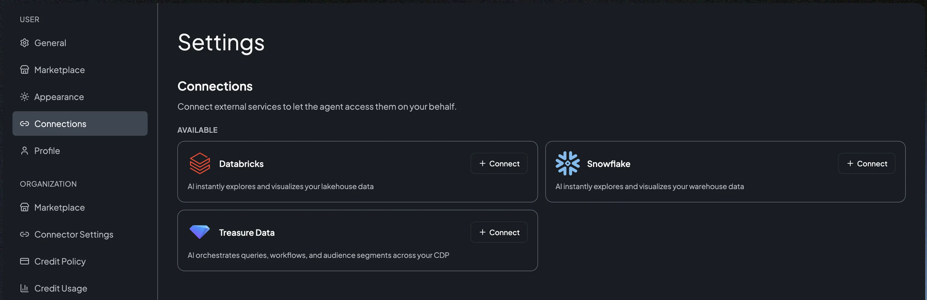 AI Studio Connections page showing Treasure Data available to connect, alongside Databricks and Snowflake