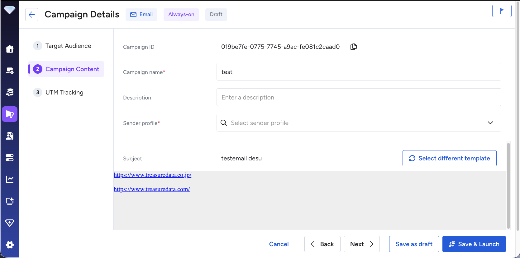 Campaign content configuration screen