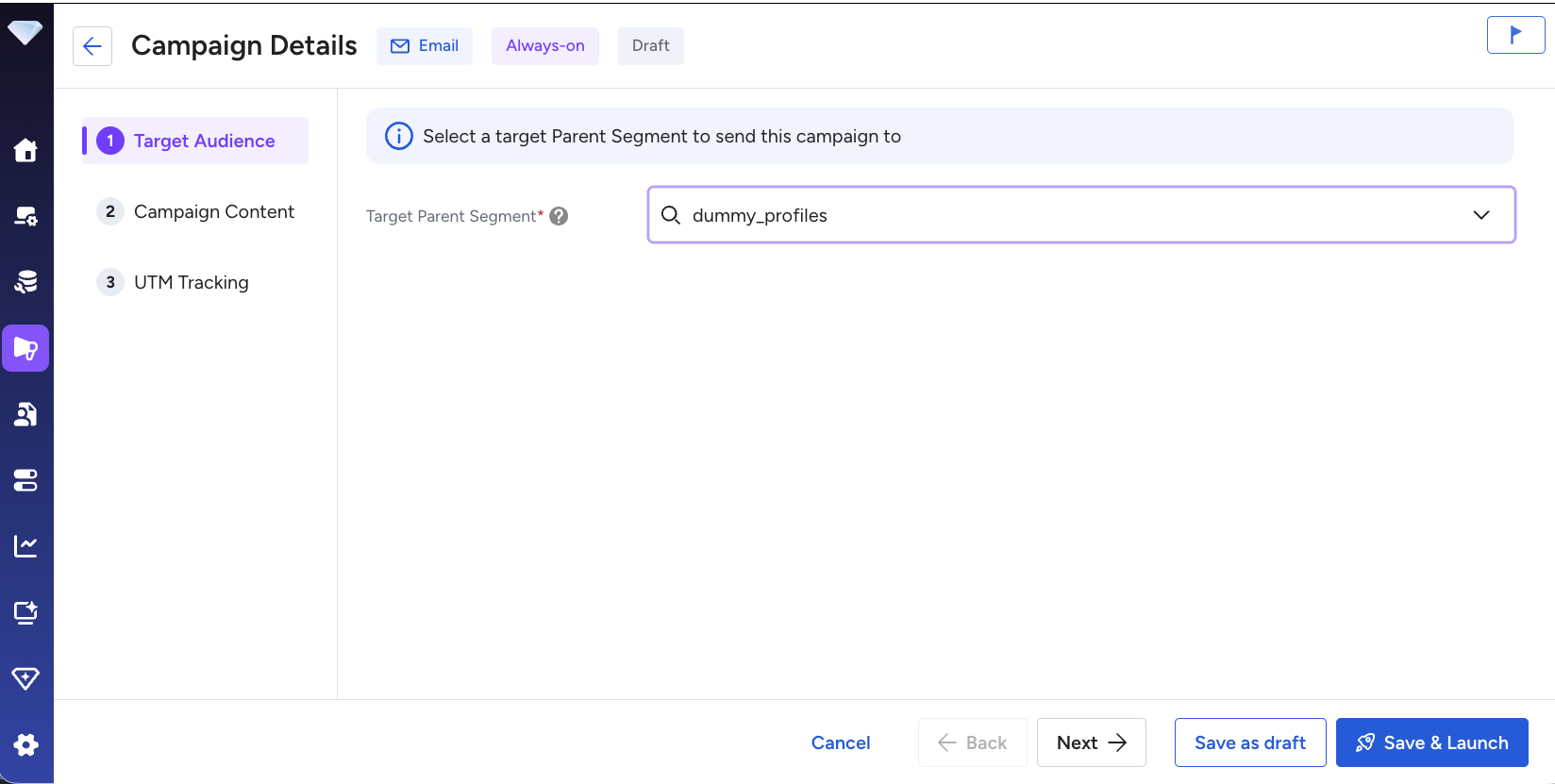 Target audience configuration showing parent segment selection