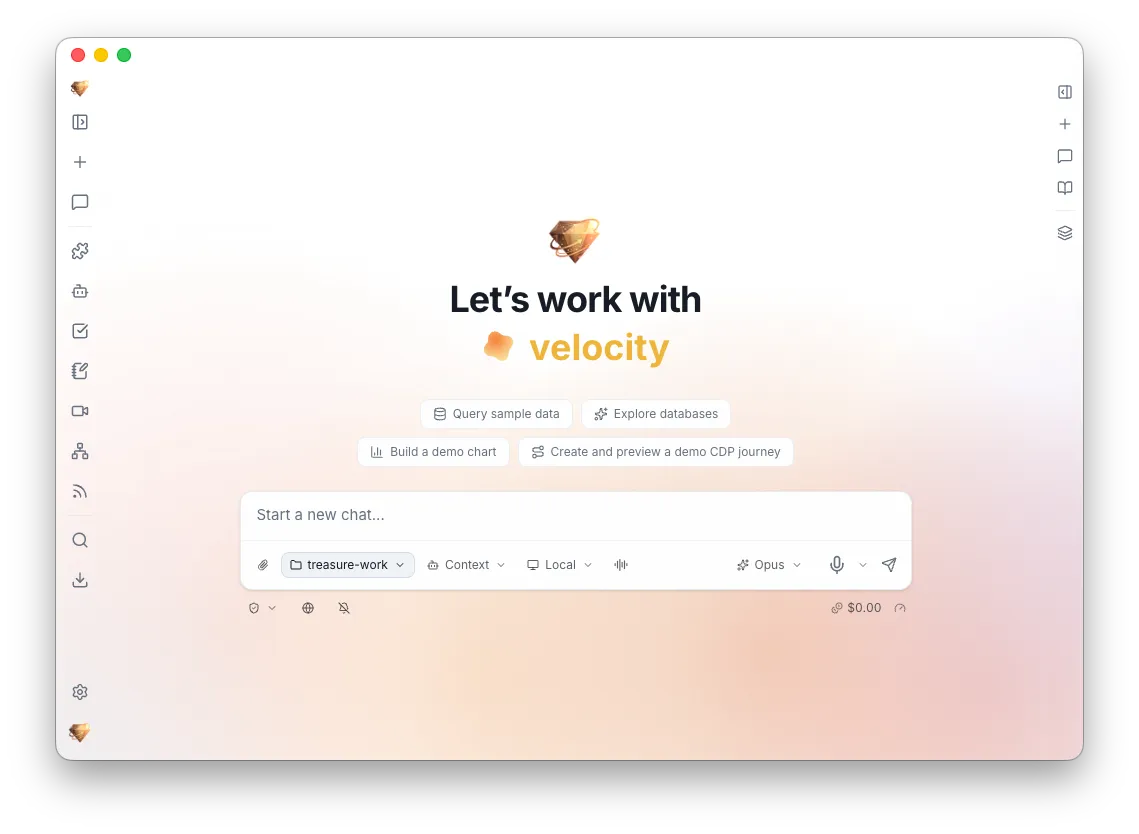 Treasure Work desktop app — chat pane alongside a workspace of guides, notes, work items, goals, and references