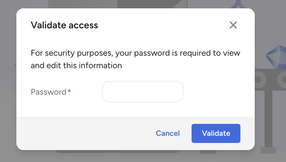 Validate access popup