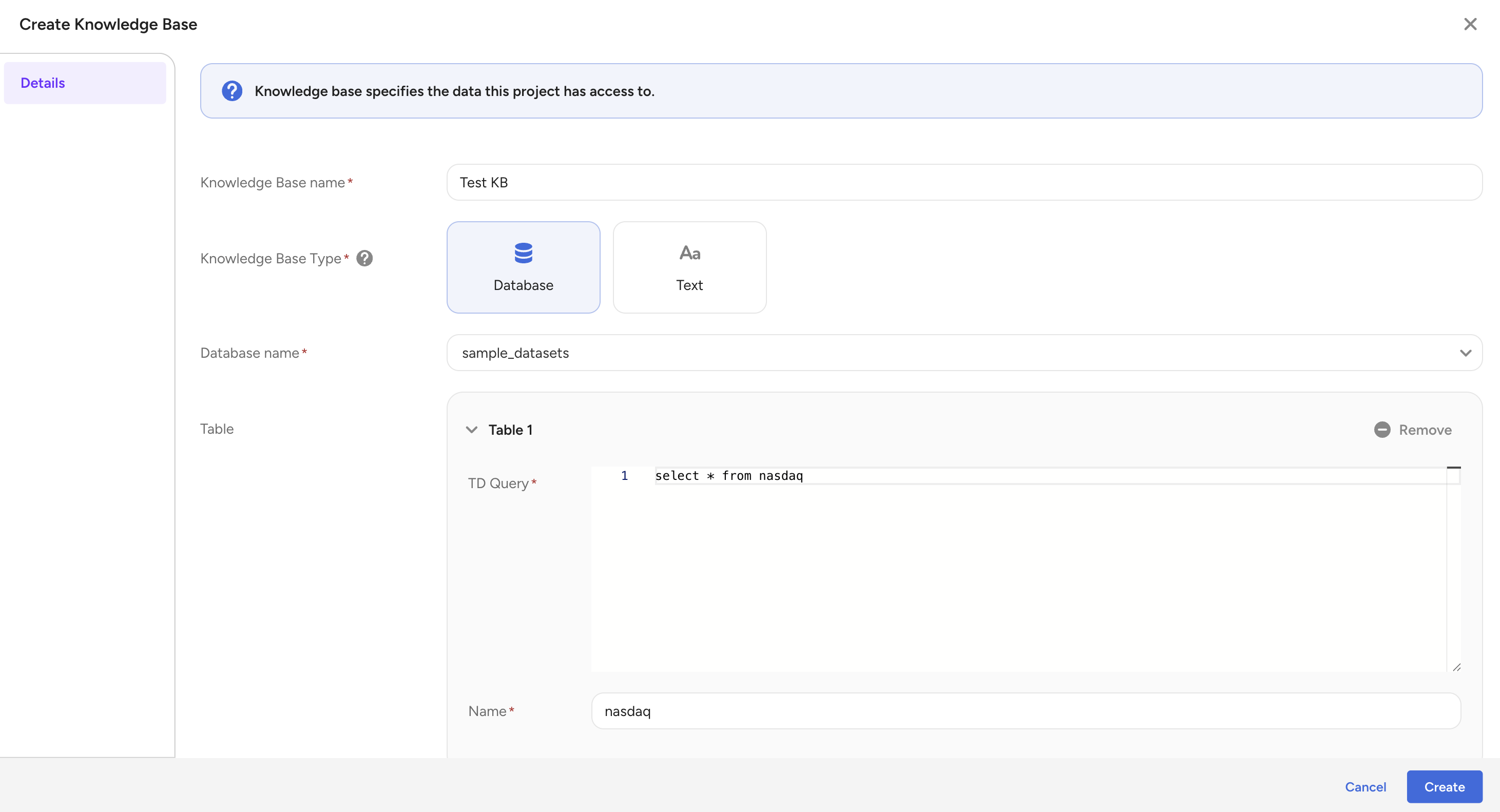 Database knowledge base configuration form