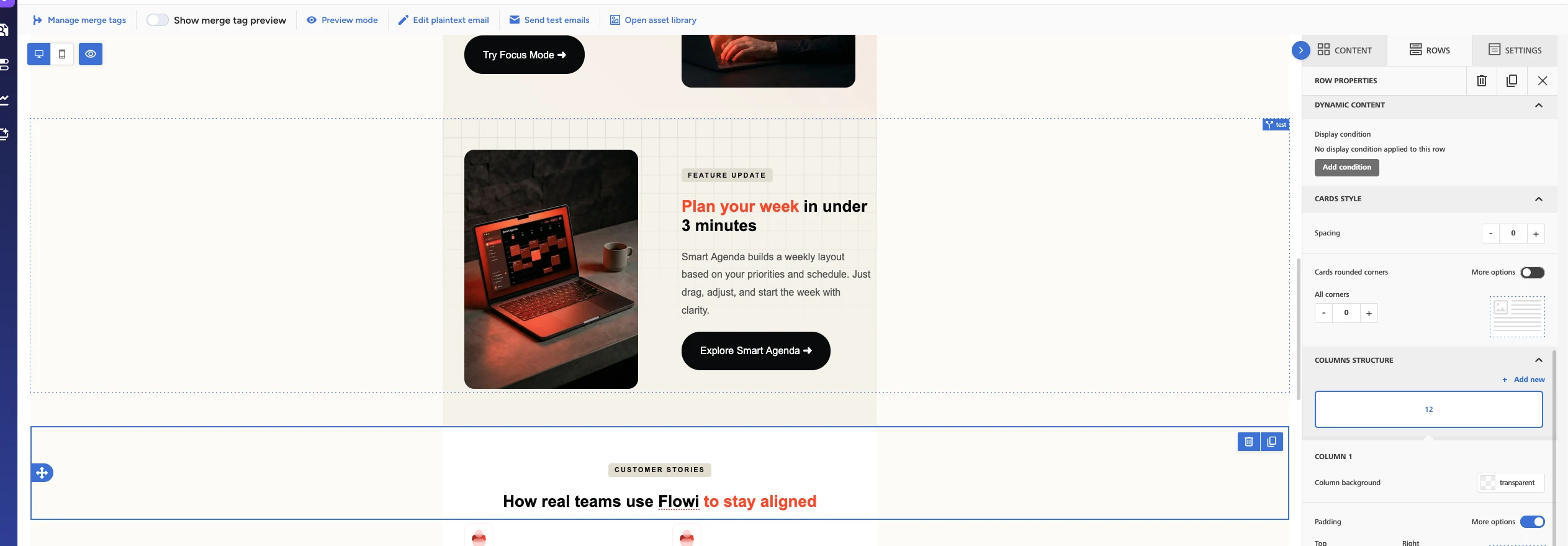Engage Studio email editor showing a row with a Display Condition highlighted by a blue outline