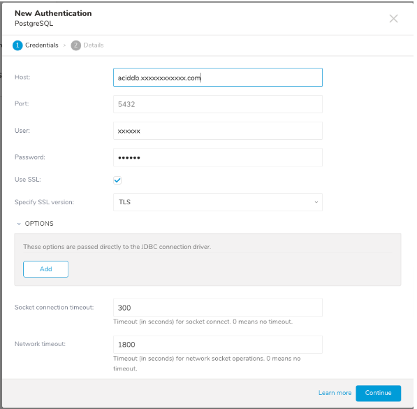 Authentication settings for PostgreSQL Import connector