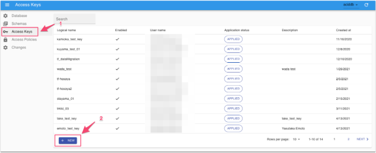 Creating an access key in Data Tank 2.0 Management UI