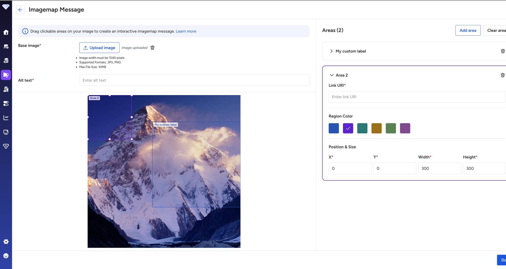 Imagemap メッセージエディタ — ベース画像をアップロードし、Link URI・位置・サイズでタップエリアを設定