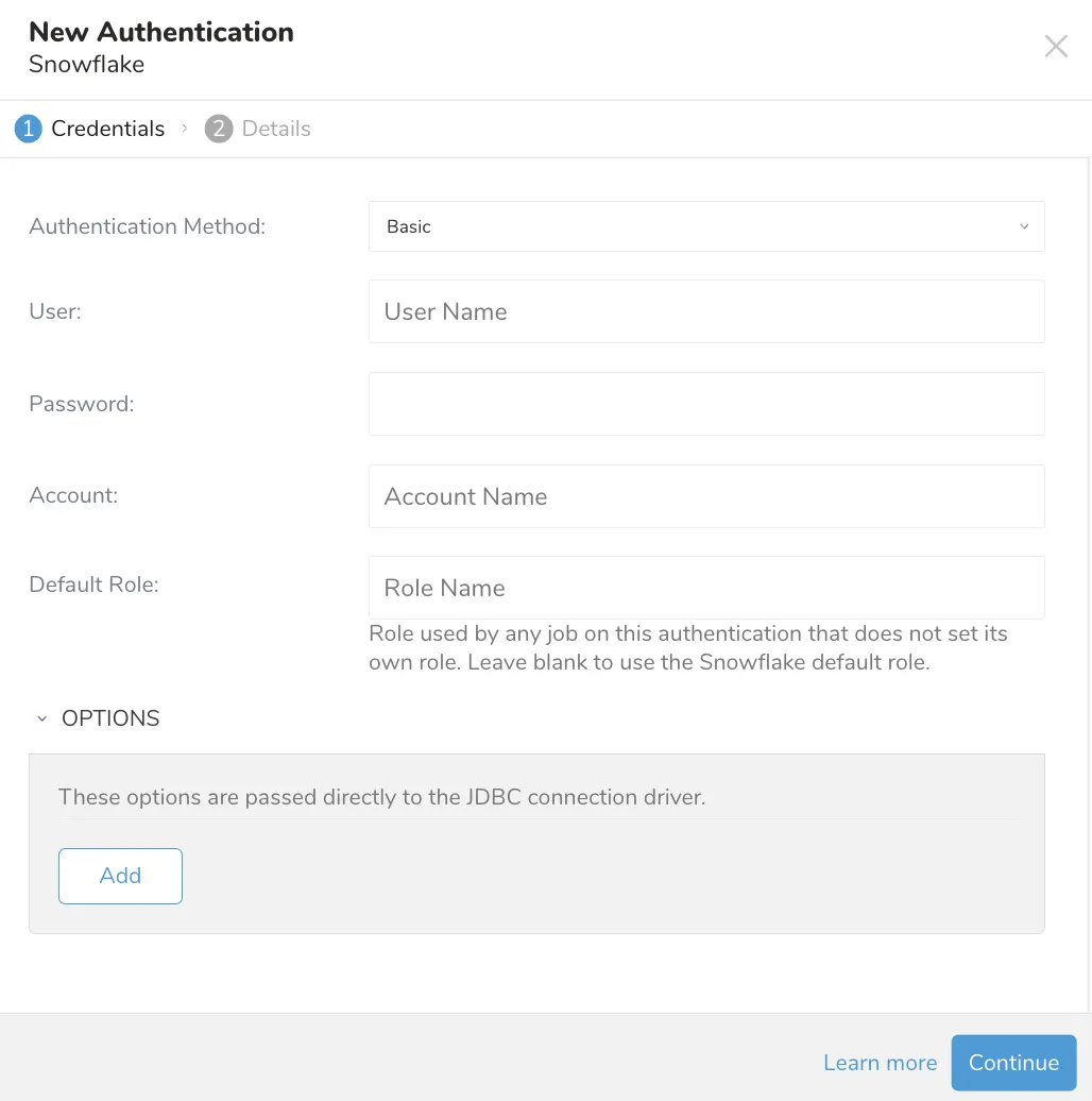 New Authentication dialog for Snowflake, showing the Authentication Method, User, Password, Account, and Default Role fields