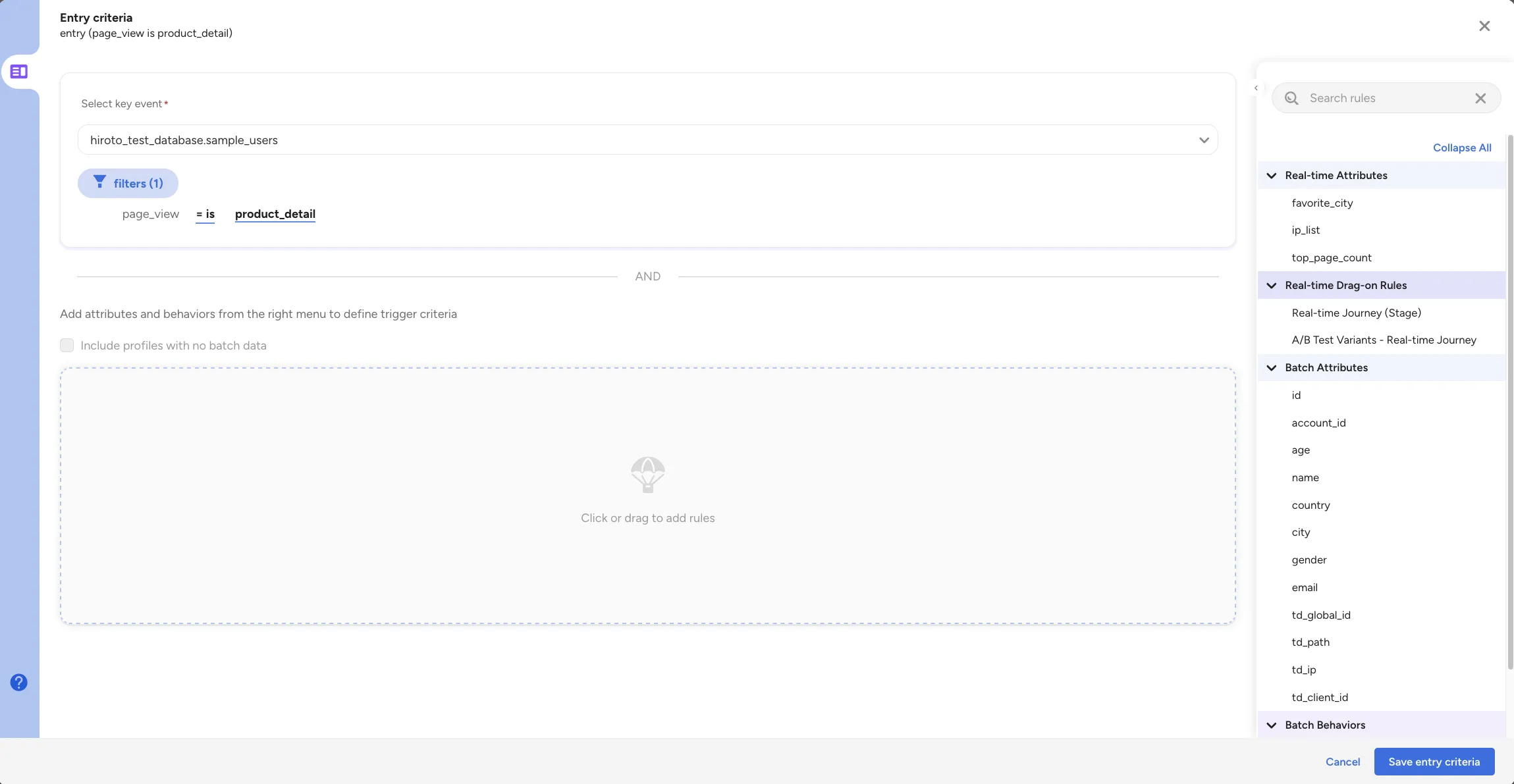 キーイベントとフィルターを設定したPersonalizationのEntry criteria画面