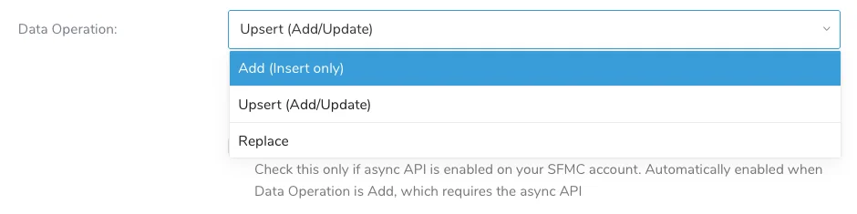 Data Operation menu in the Salesforce Marketing Cloud V2 Export connector showing Add, Upsert, and Replace options