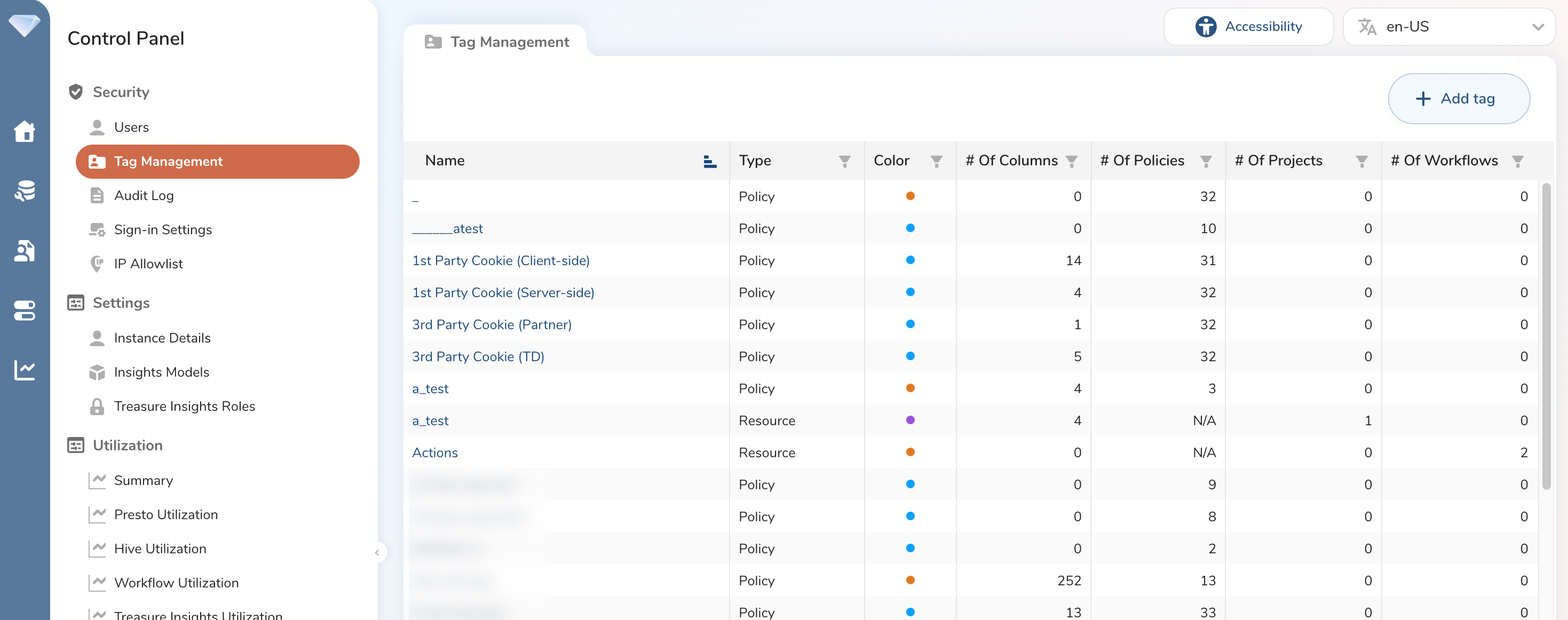 Control PanelのTag Management一覧表示
