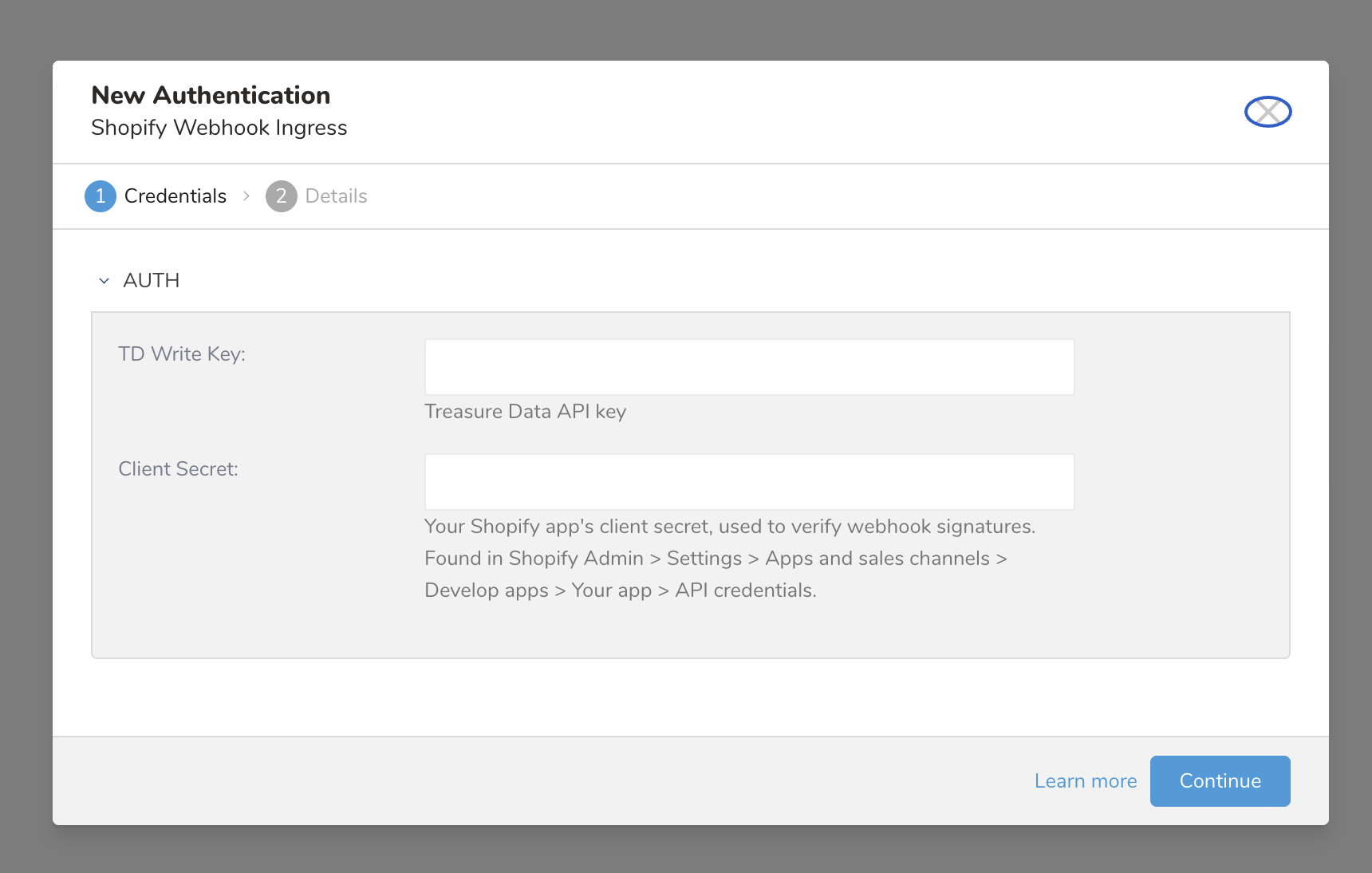 Shopify streaming import new authentication configuration screen