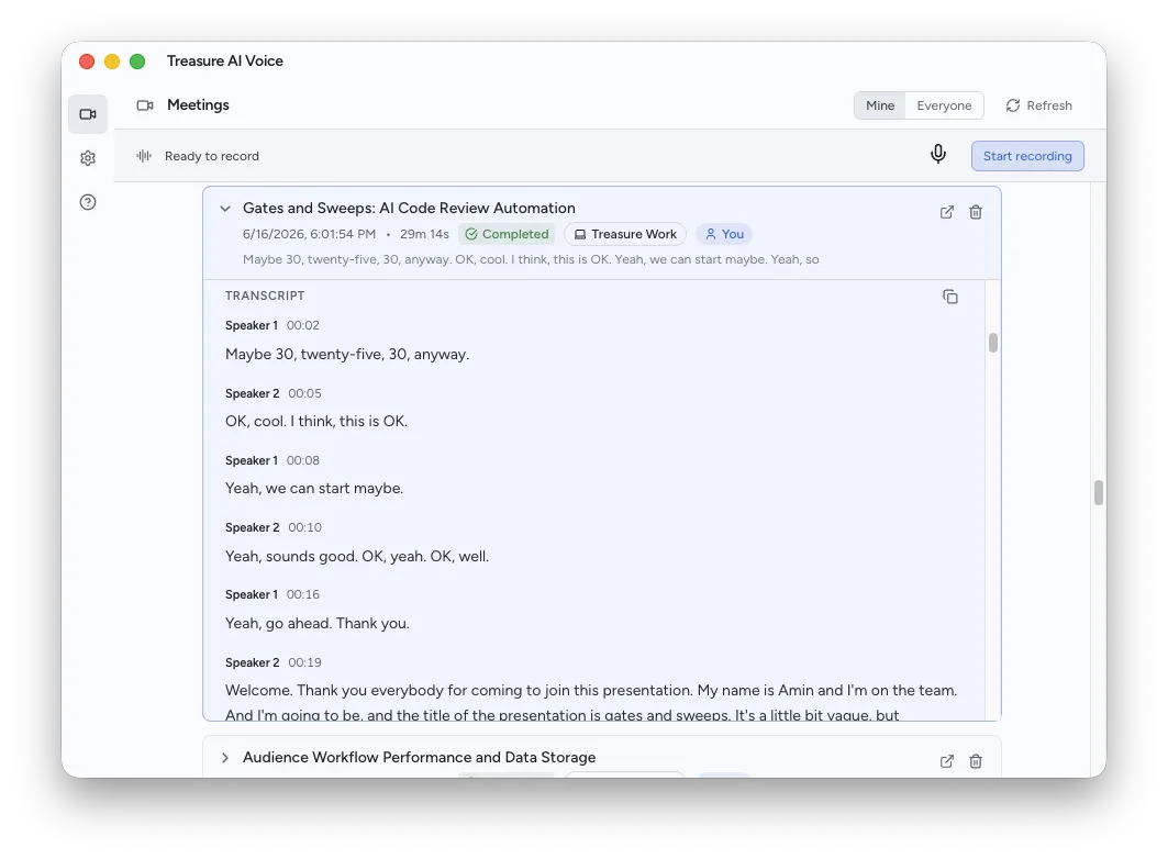 Treasure AI Voice desktop app showing a recording's transcript with speaker labels and timestamps