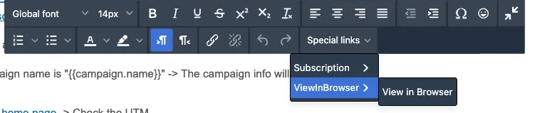 Special Links menu showing ViewInBrowser > View in Browser