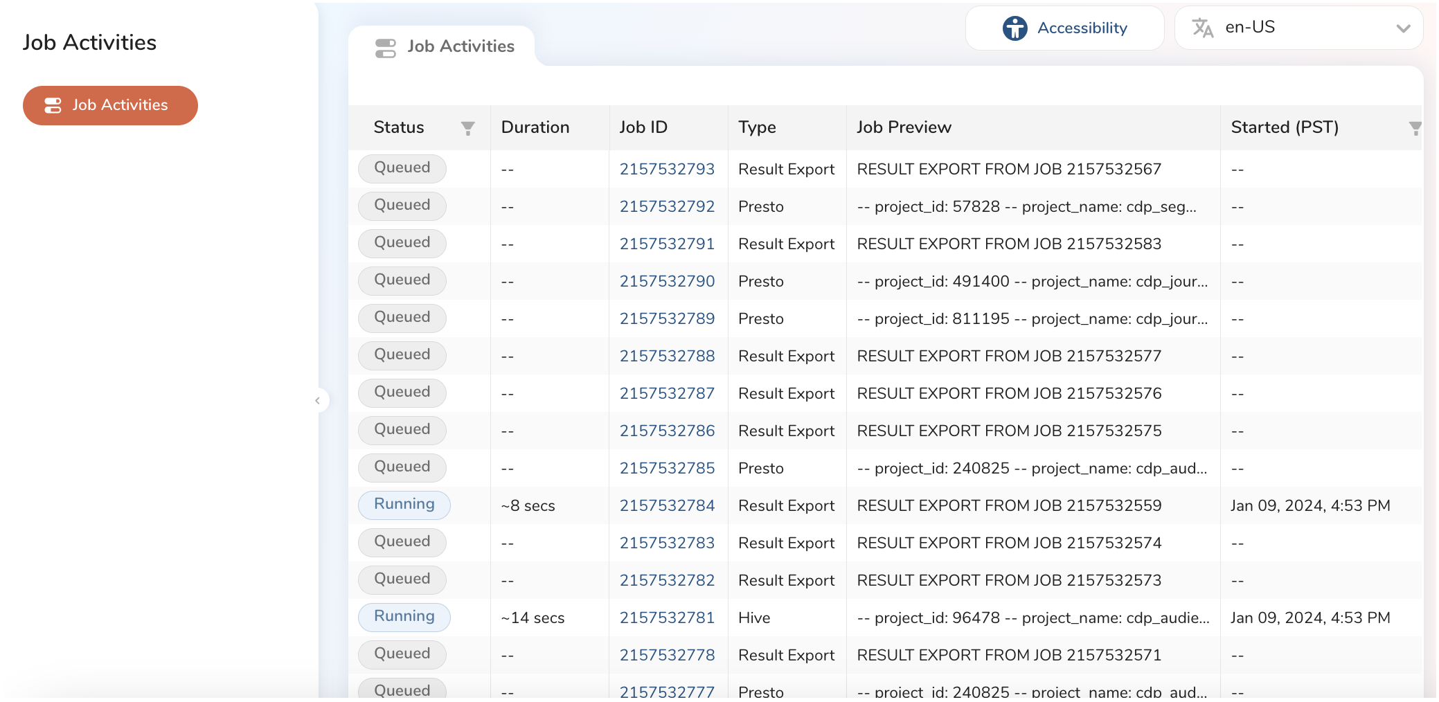 Jobs list view