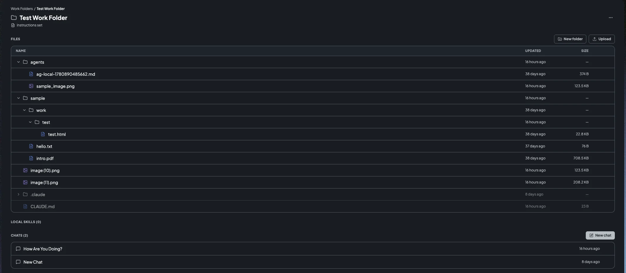 AI Studio work folder page showing the Instruction, Files, Local Skills, and Chats sections, with the Files table listing folders and files alongside New folder and Upload buttons